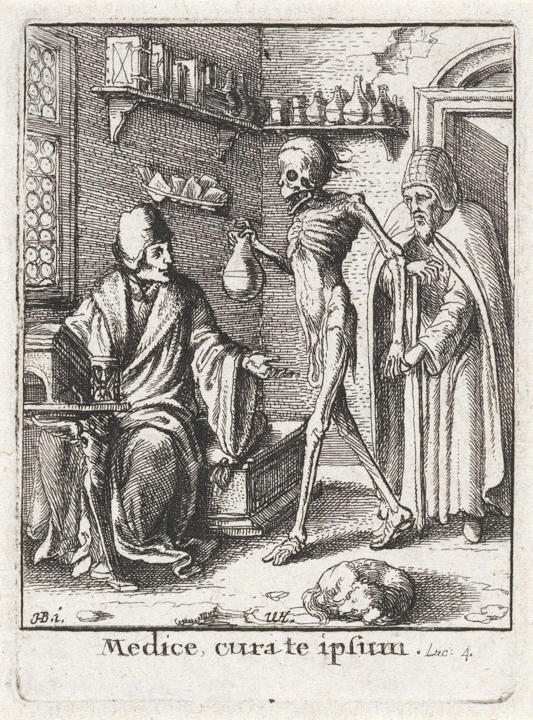 Allegorical etching by Wenceslaus Hollar depicting arts and death.