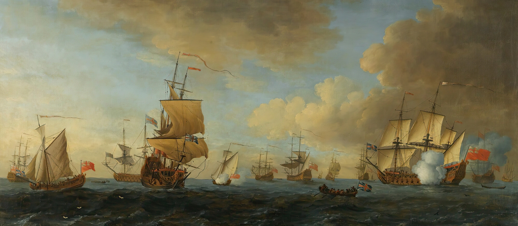An English Frigate Under Sail Firing A Gun, With Shipping At Anchor And Under Sail, by John Cleveley the elder, public domain