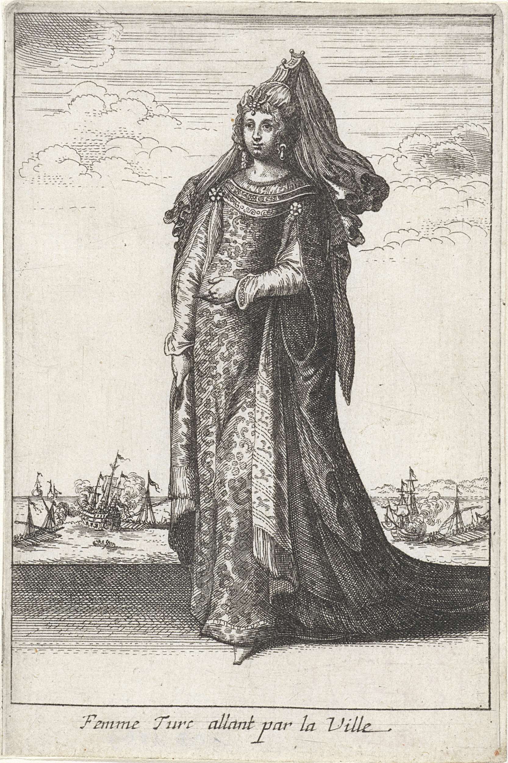 Portrait of a woman in flowing garments, etching by Unknown Artist