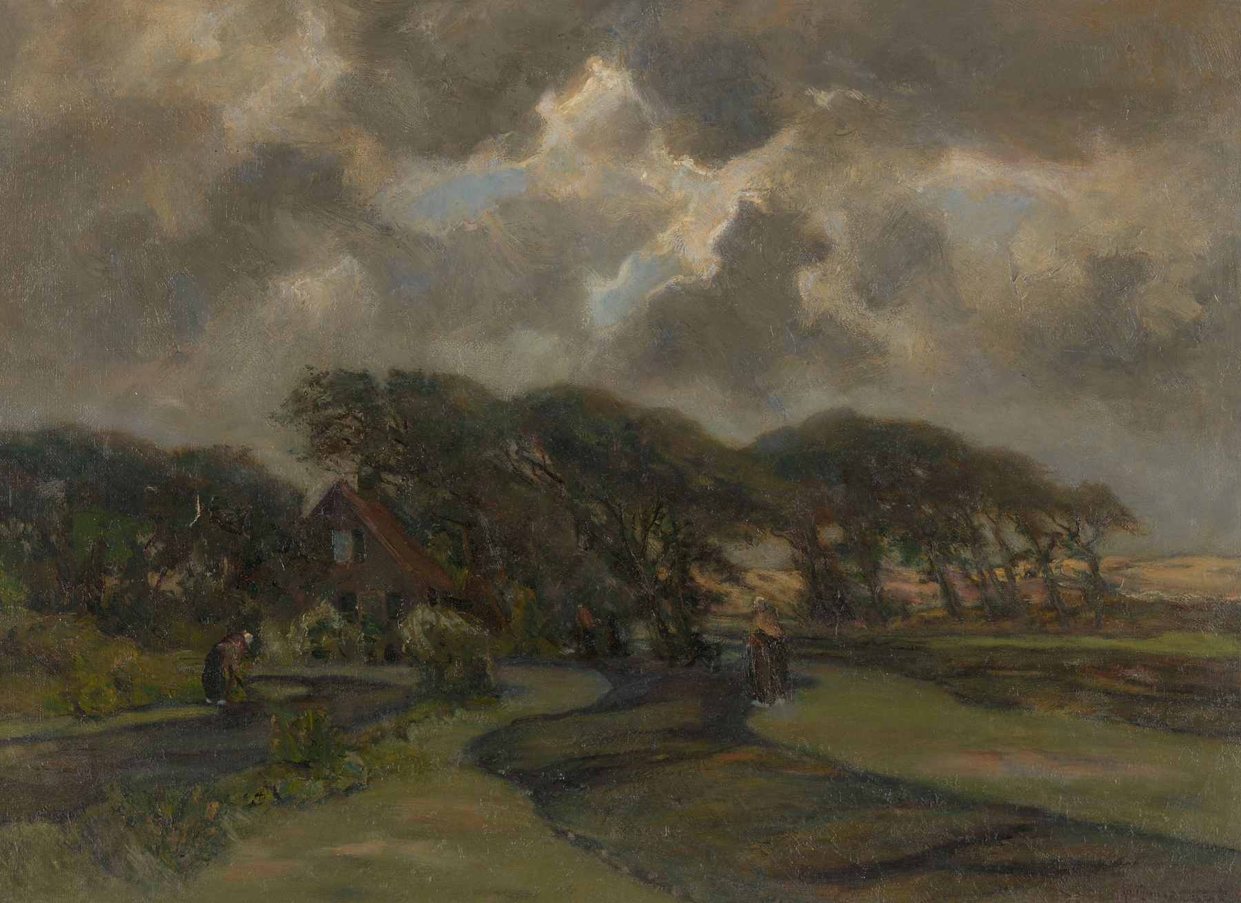 Huisje bij boomrand en vrouwen met visnetten, by Frans Smissaert, public domain