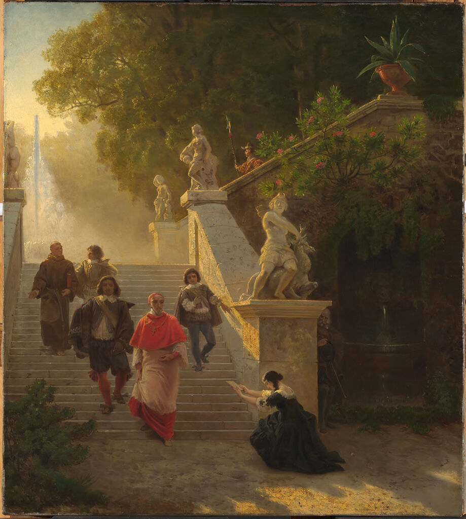 A cardinal surrounded by figures in a park, oil on canvas by Emanuel Gottlieb Leutze