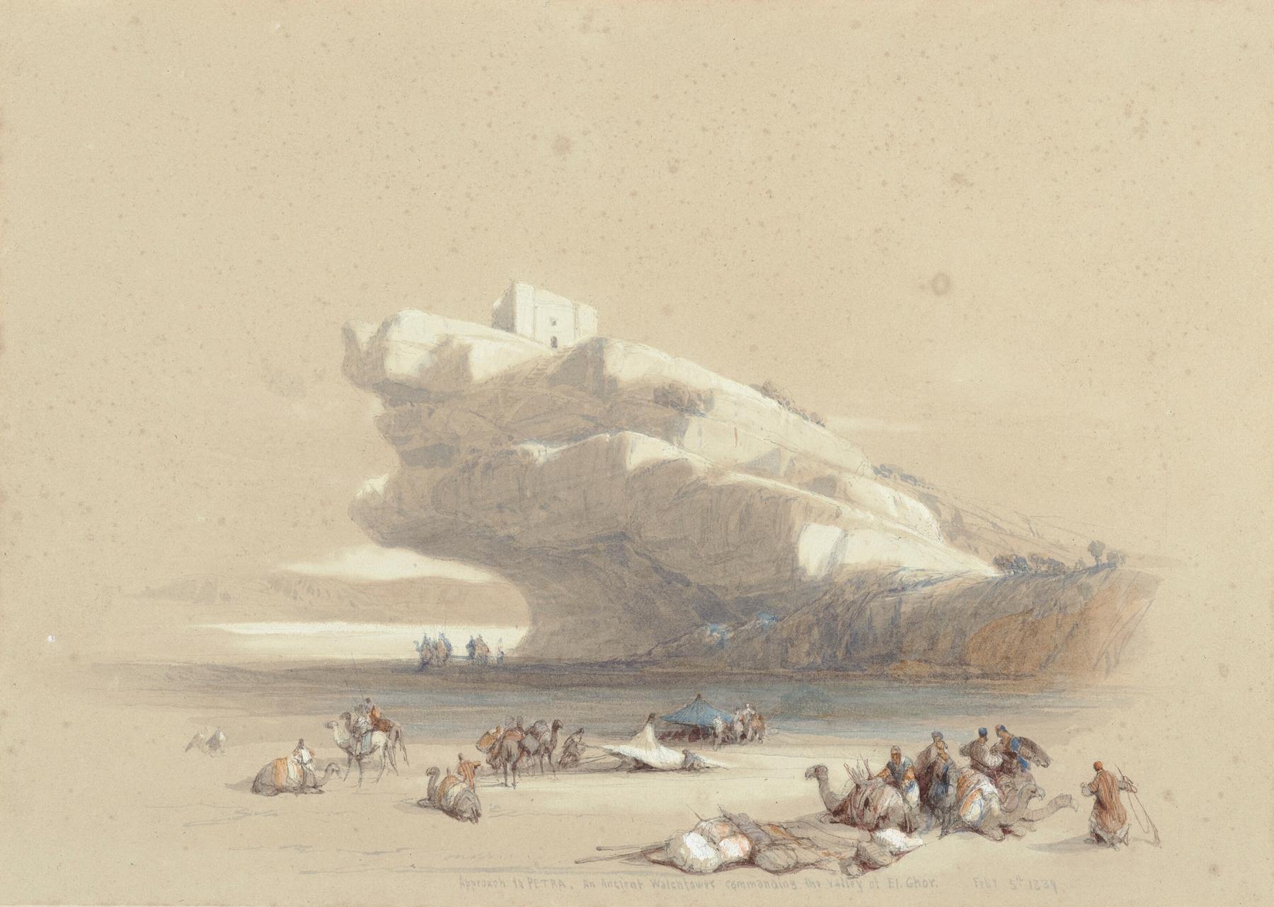 Oil painting by David Roberts depicting Petra with mountains and an ancient watchtower