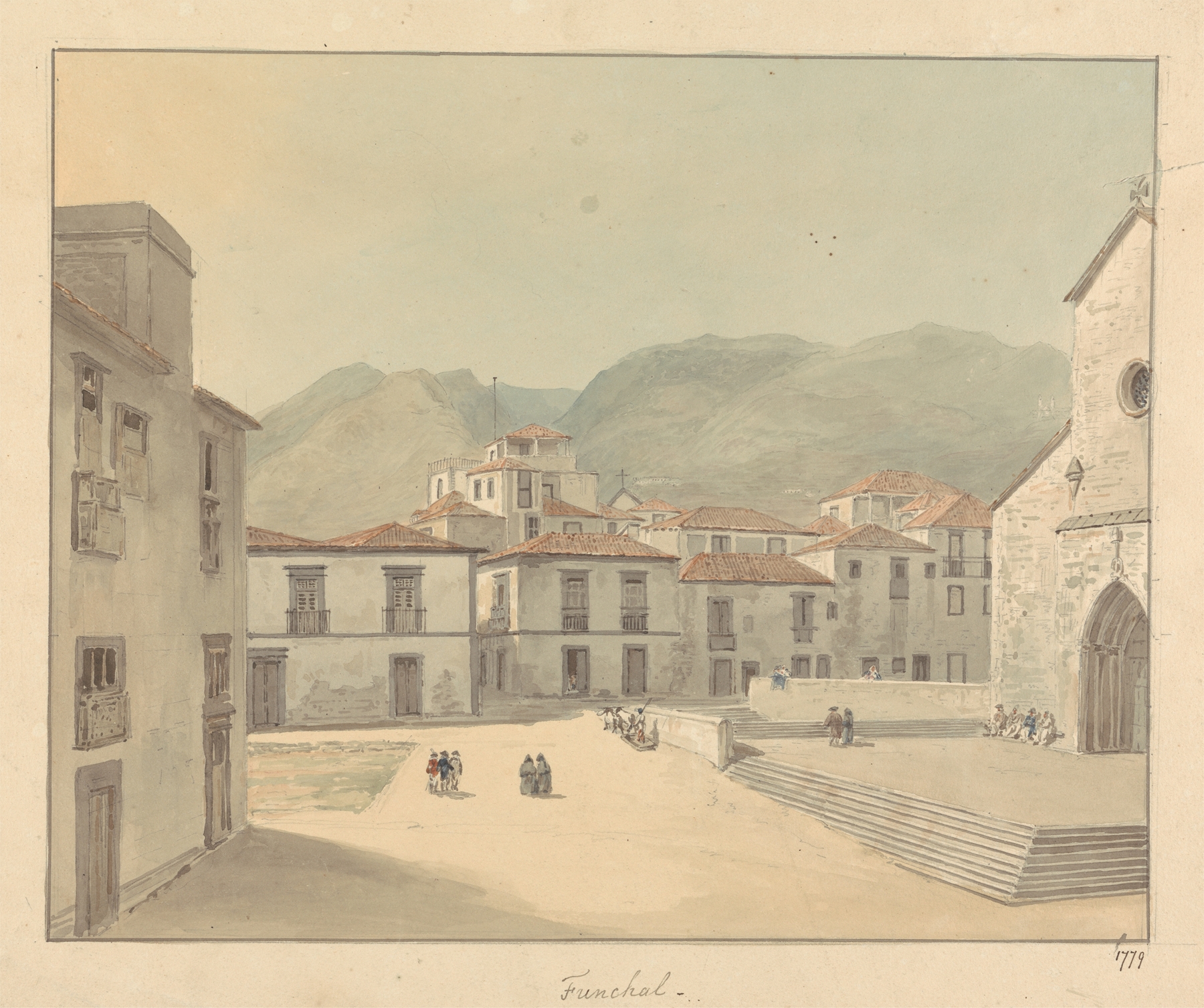 Funchal, Madeira; A Square with a Church by Samuel Davis, oil painting depicting a lively square with a church.