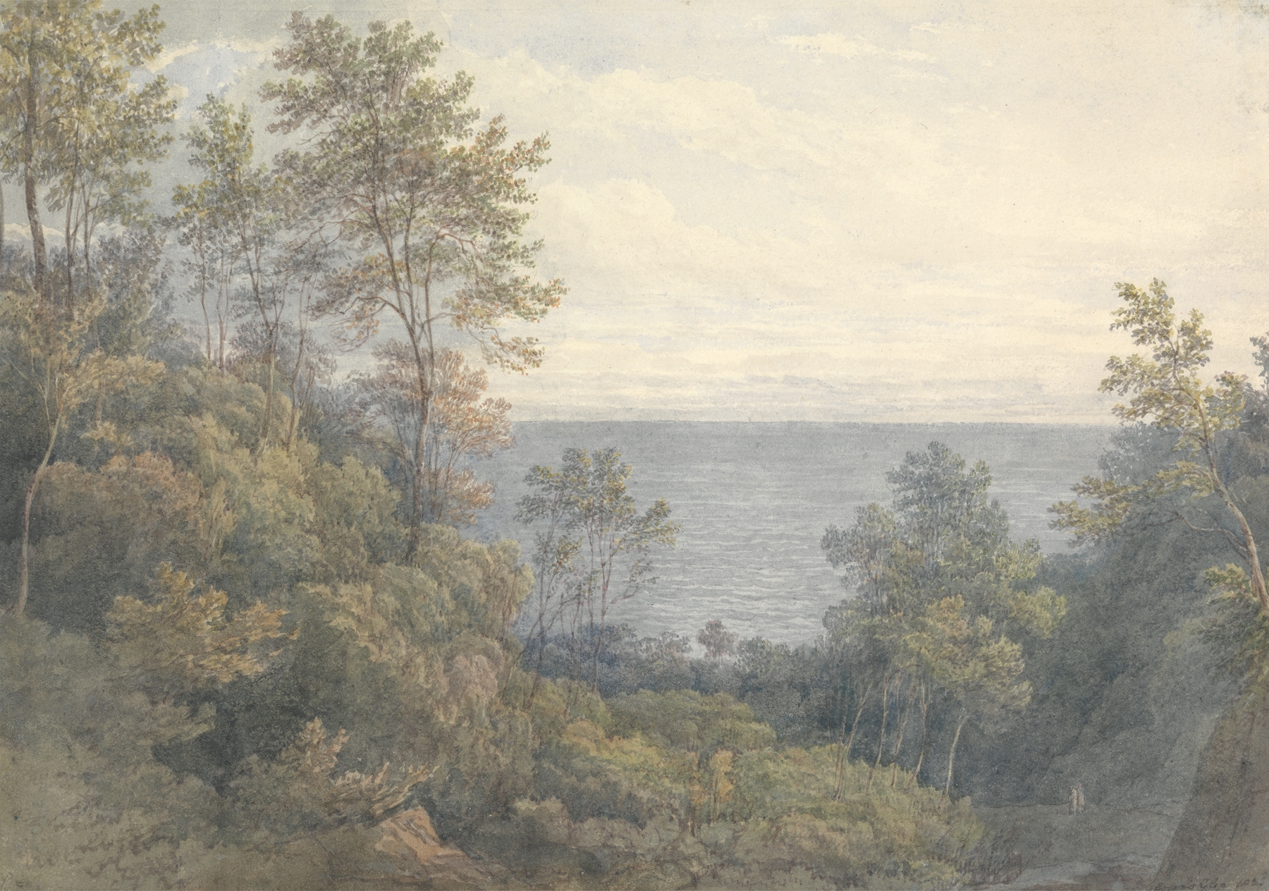 Landscape oil painting by Mary Smirke depicting hills and water with golden light