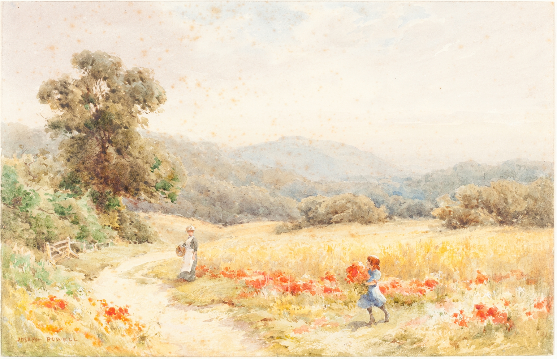 Landscape by Joseph Rubens Powell, oil painting depicting vibrant golden light and lush greenery.