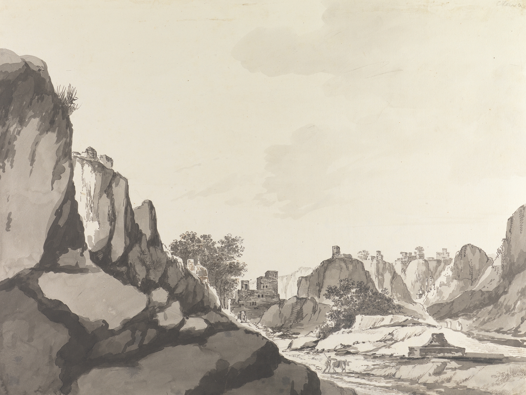 Drawing by William Hodges depicting architecture and landscape, 1780-1788