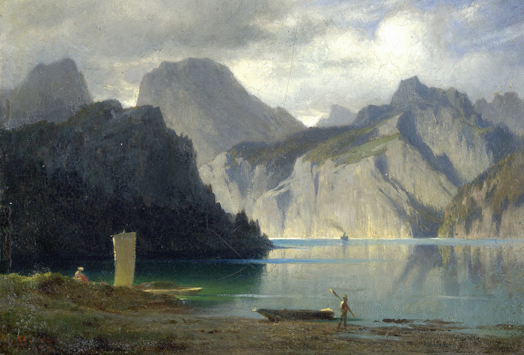 Oil painting of Abend am Traunsee by Carl Bolze, depicting a tranquil sunset over the lake.