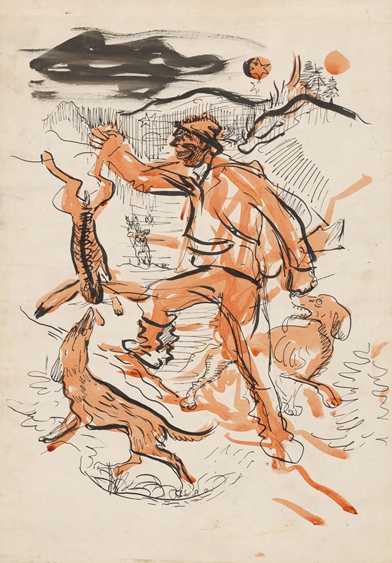 A dramatic depiction of a night hunt with figures and animals in a dark forest.