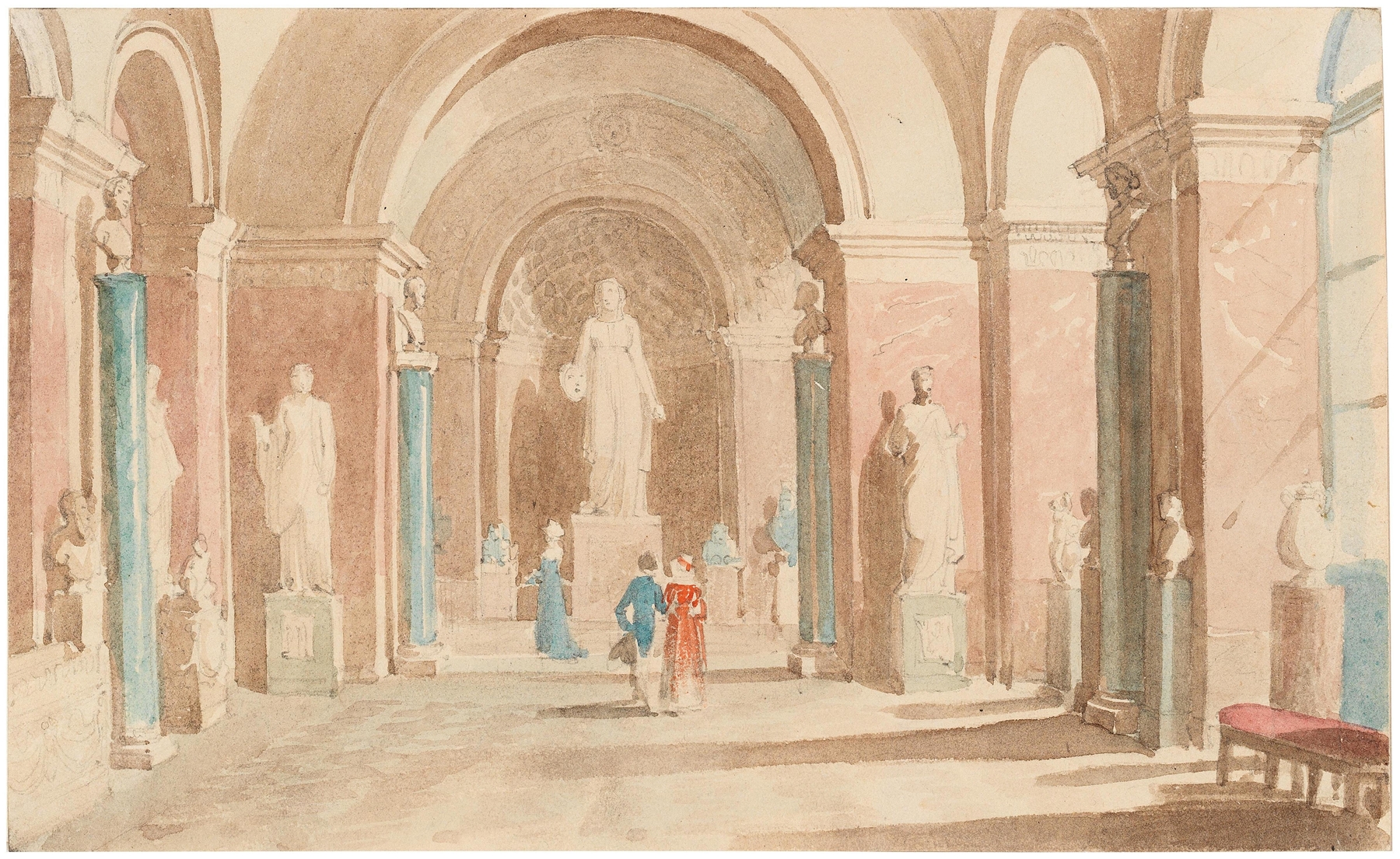 Interior scene with marble figures, oil on canvas by Johann Nepomuk Ender