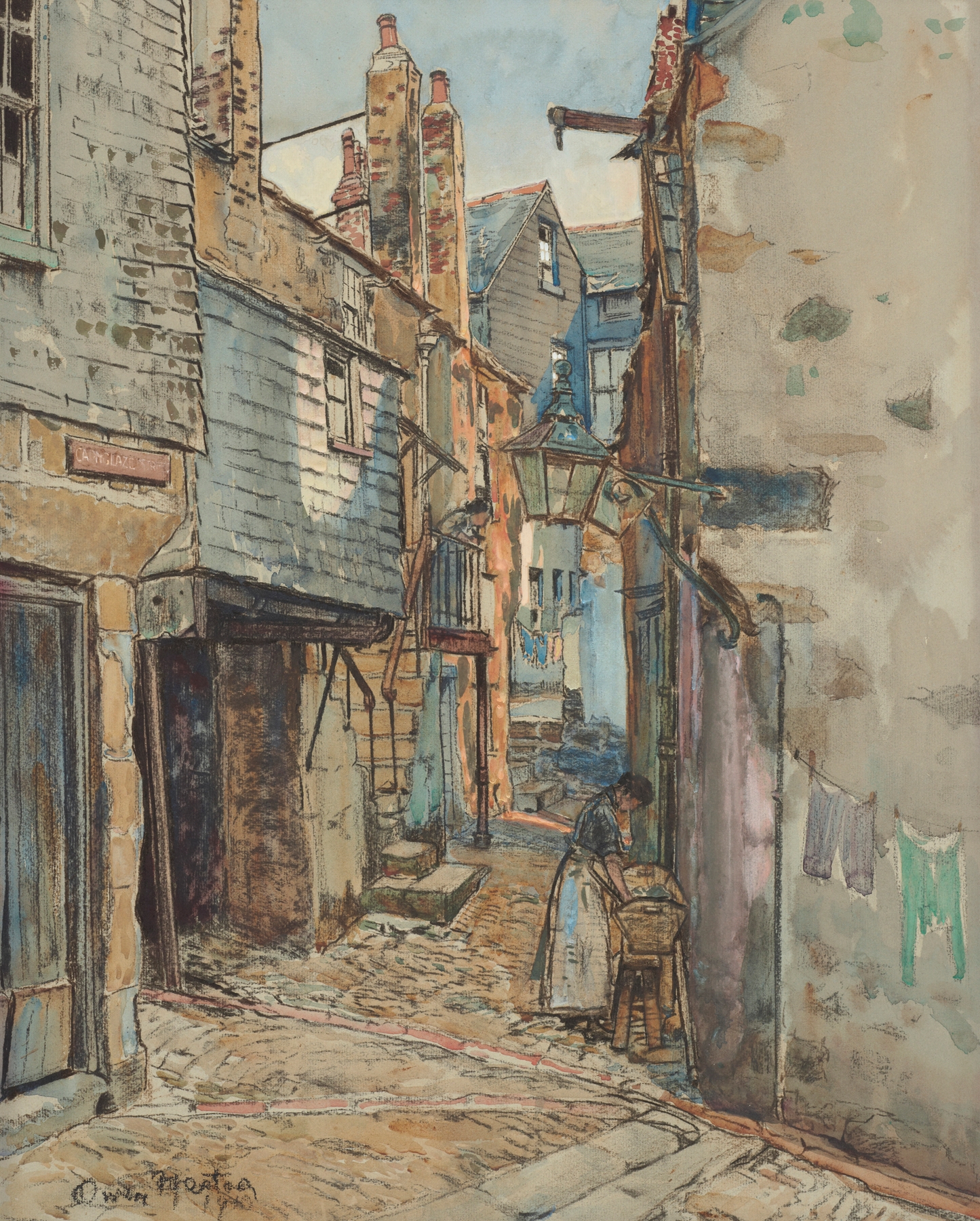 Carnglaze St. by Owen Merton, impressionism, depicting a winding street with cobblestones and shadows.