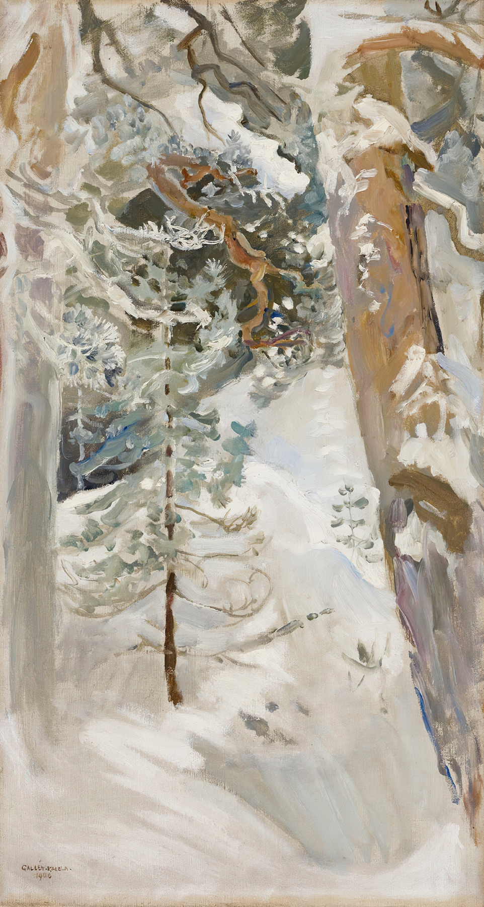 Snow landscape by Akseli Gallen-Kallela, oil painting depicting a tranquil snowscape.