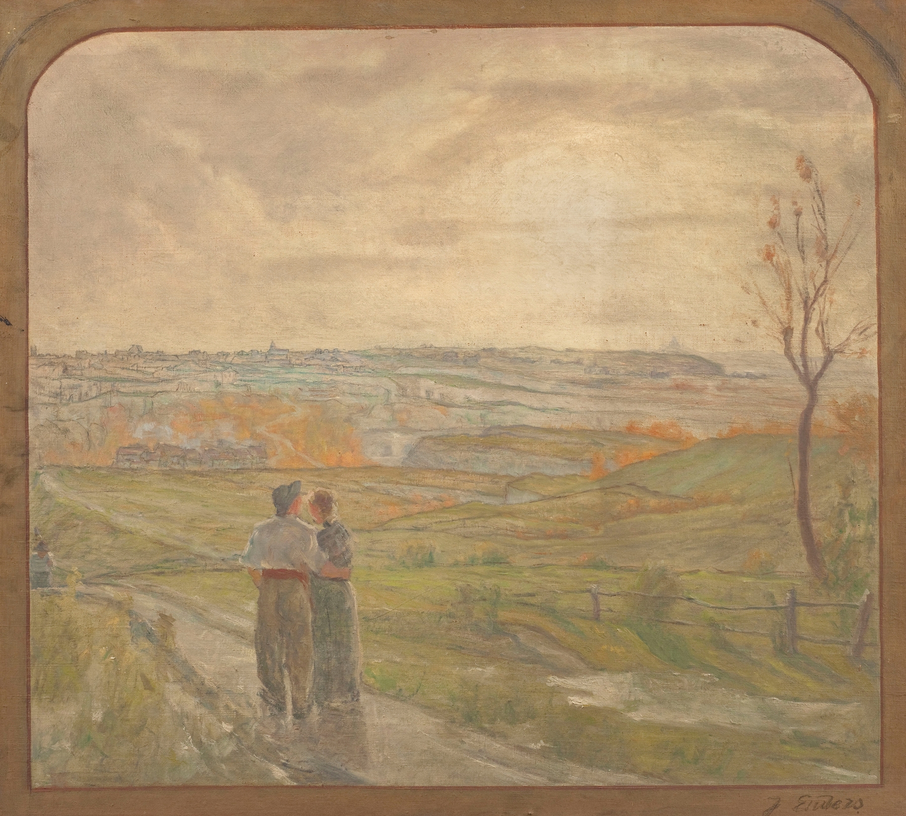 Paysage avec un couple marchant, oil on canvas by Jean Joseph Enders, depicting a couple in a lush landscape.
