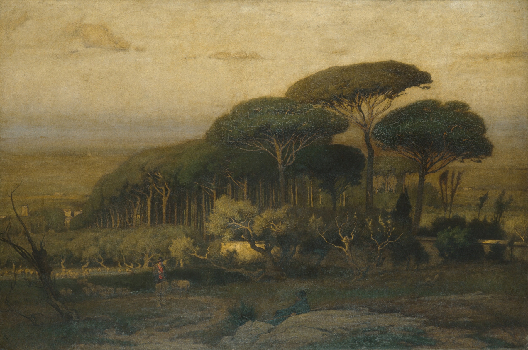 Pine Grove of the Barberini Villa, oil on canvas by George Inness, depicting a serene forest with golden light.