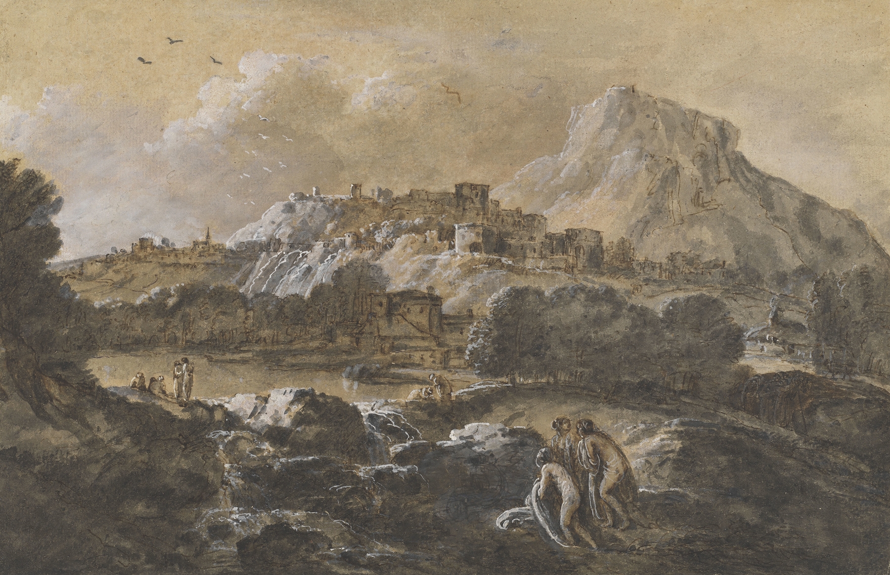 Mountainous river landscape with bathers, oil on canvas by Francesco Zuccarelli
