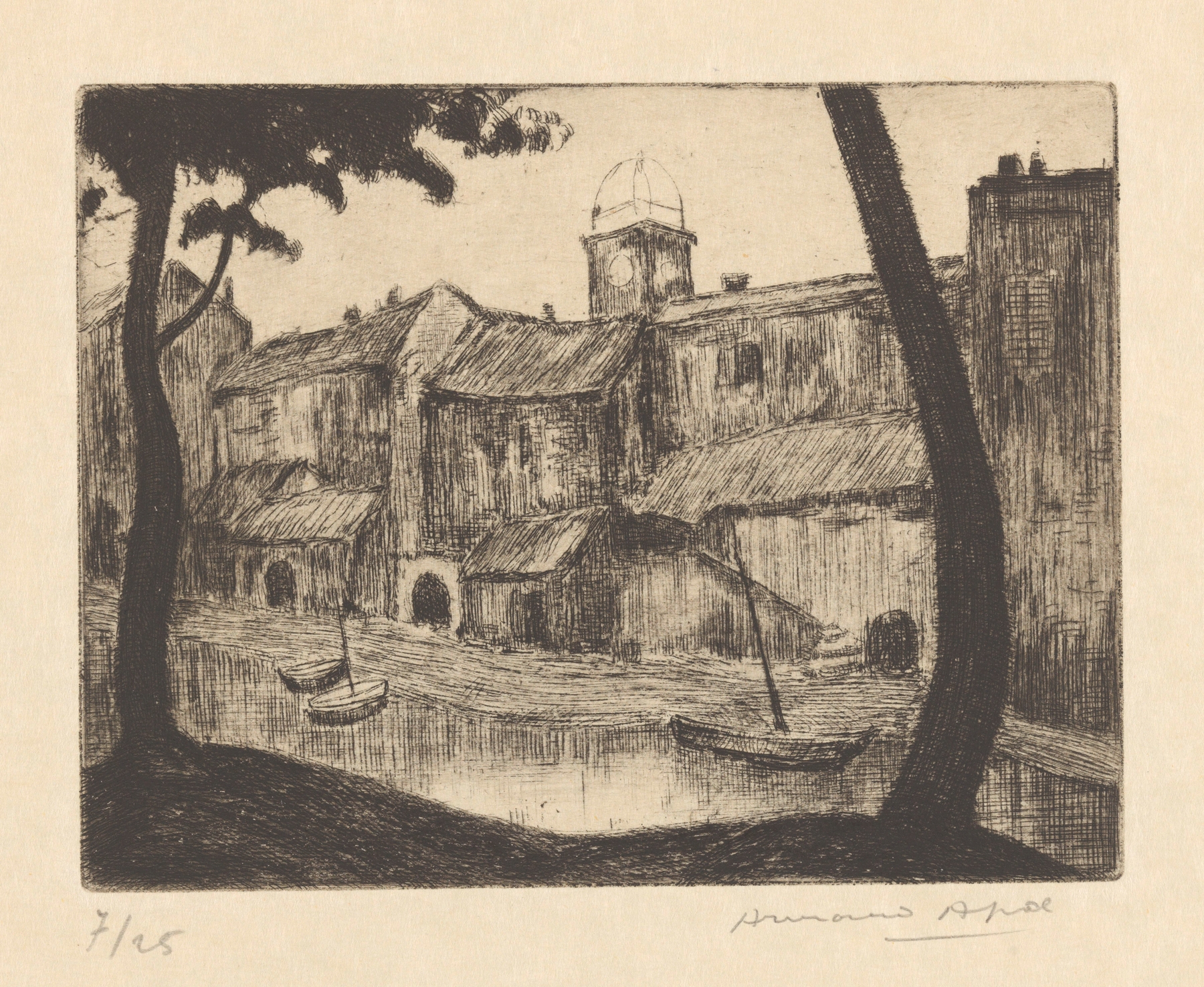 Saint-Marcel. Maisons au bord de l’eau by Armand Apol, oil on canvas depicting a tranquil village by the river.