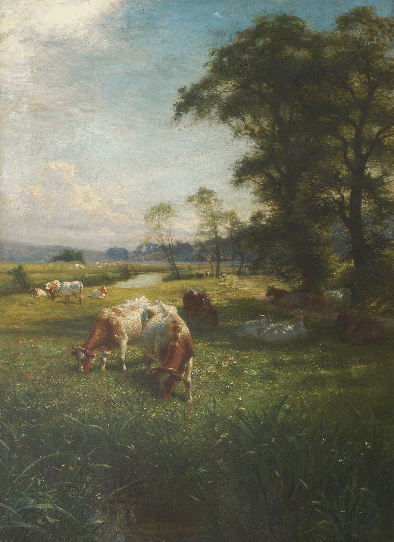 Cattle grazing in a tranquil landscape, oil on canvas by Joseph Farquharson