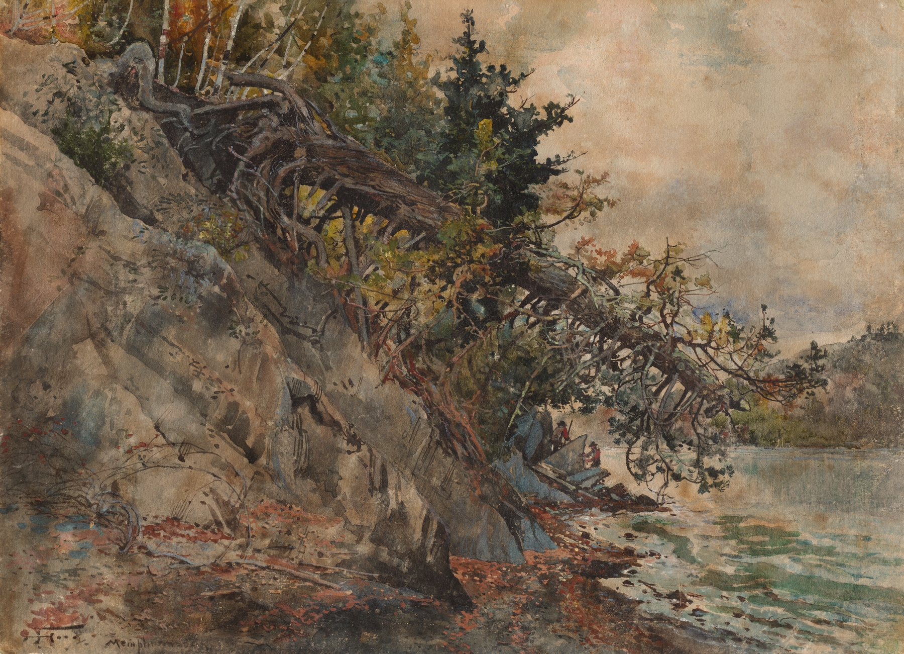 Lake Memphremagog watercolor by Harry Fenn, depicting calm waters and sky reflections.