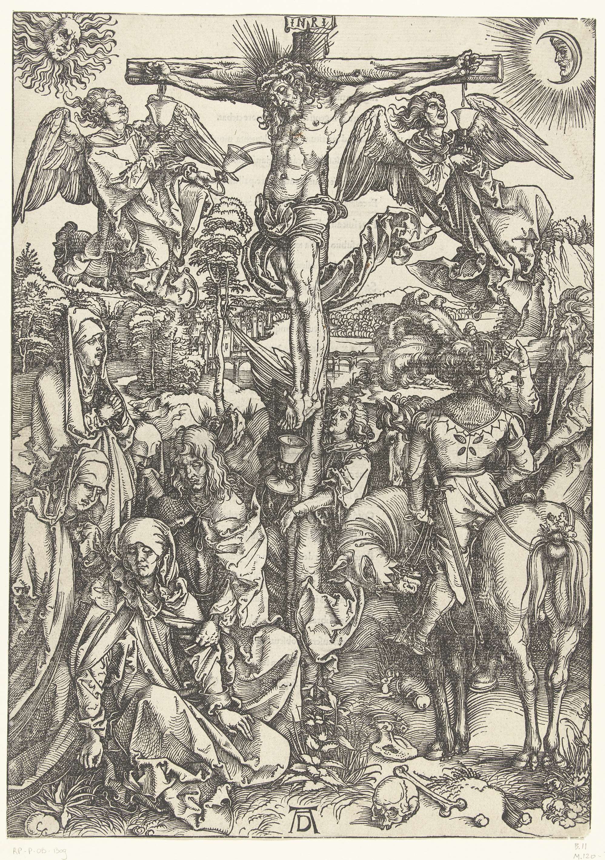 Kruisiging engraving by Albrecht Dürer depicting Christ on the cross with dramatic light and shadow