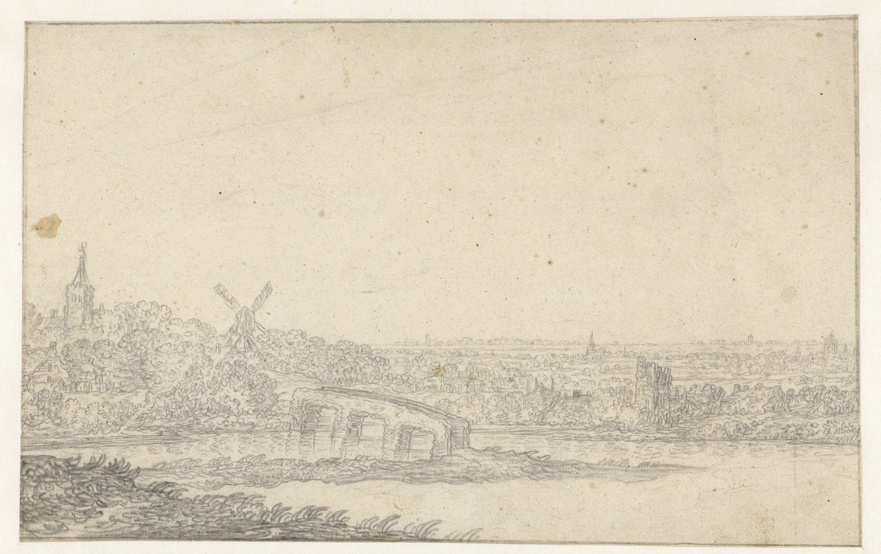 Landscape with a village and a stone bridge by Aelbert Cuyp, paper