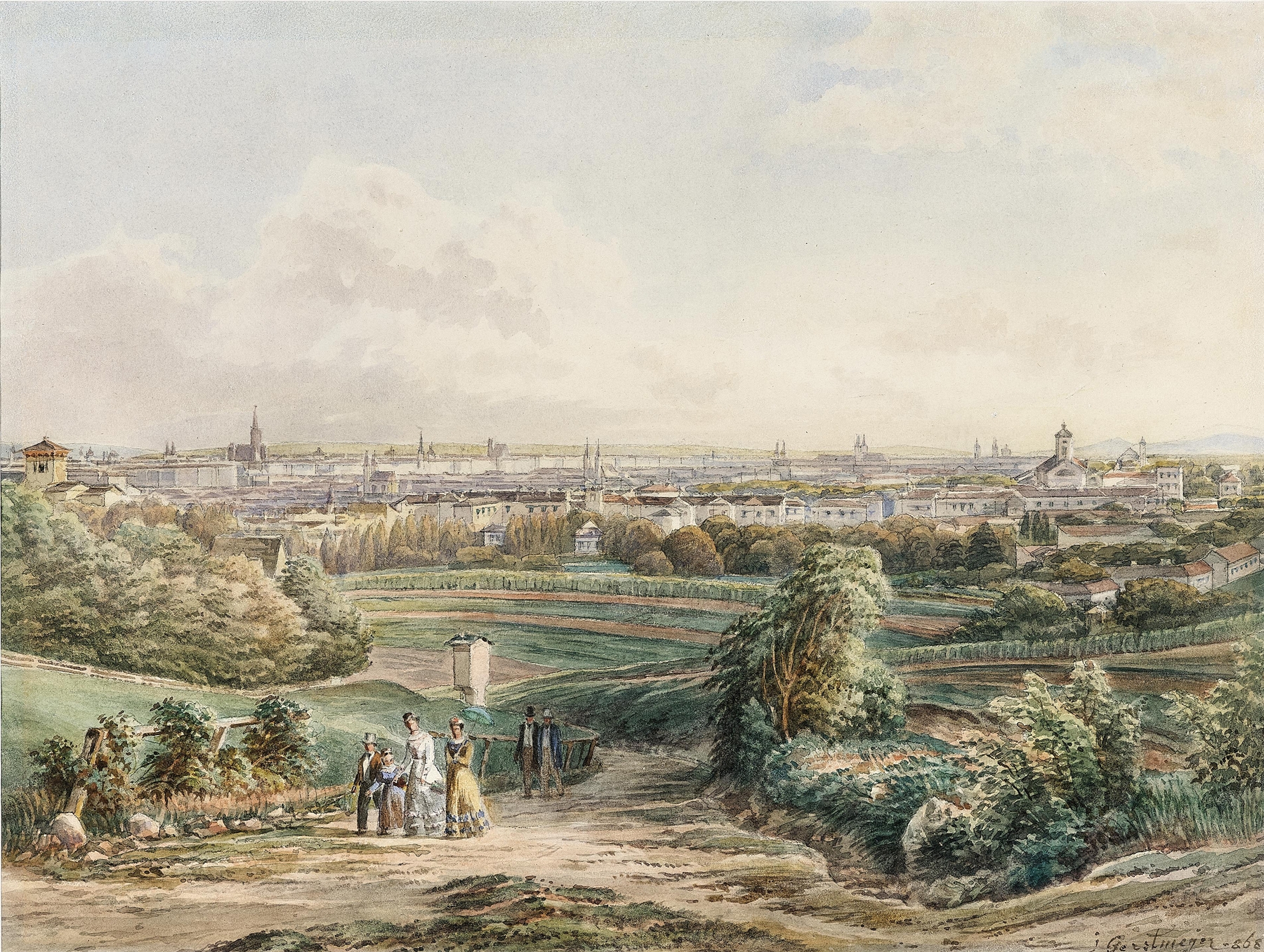 Landscape of Vienna with rooftops and spires, oil on canvas by Josef Gerstmeyer