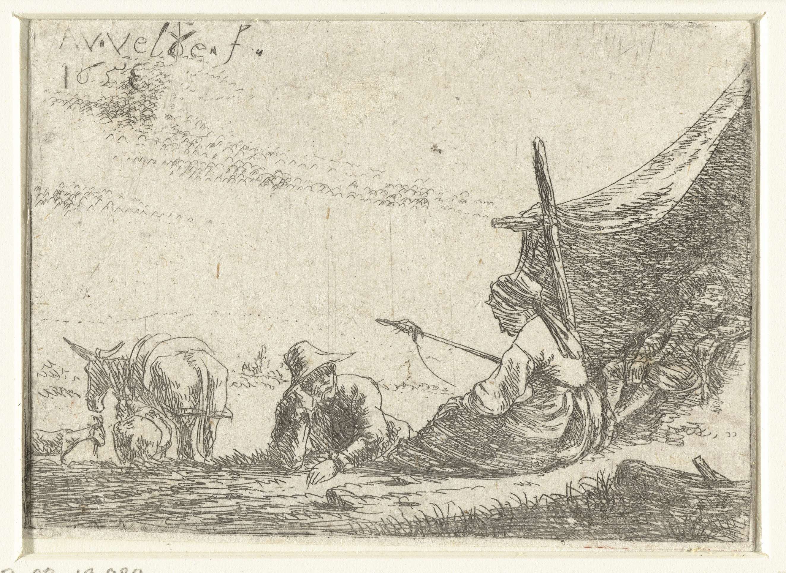 Spinnende vrouw met twee mannen bij een tent, by Adriaen van de Velde, public domain