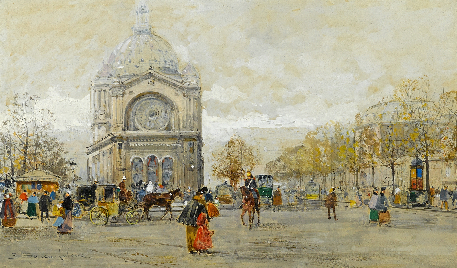 The Church of St. Augustin, oil on canvas by Eugène Galien-Laloue, showcasing intricate architecture.