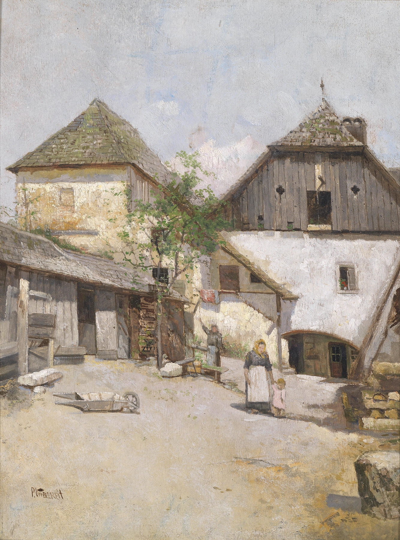 Landscape oil painting by Paul Unbereit featuring a farmhouse and serene backdrop.