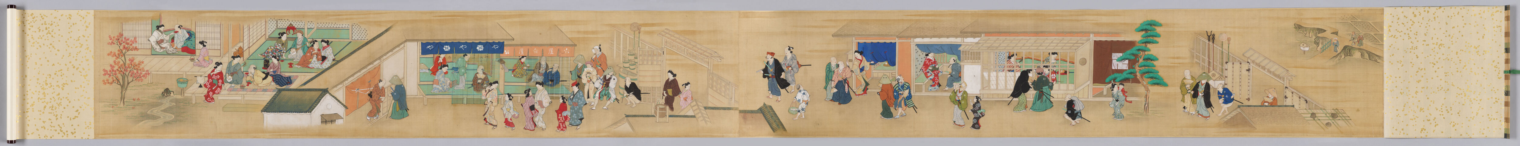 Autumn in the Pleasure Quarter, ukiyo-e by Hishikawa Moronobu, gold medium