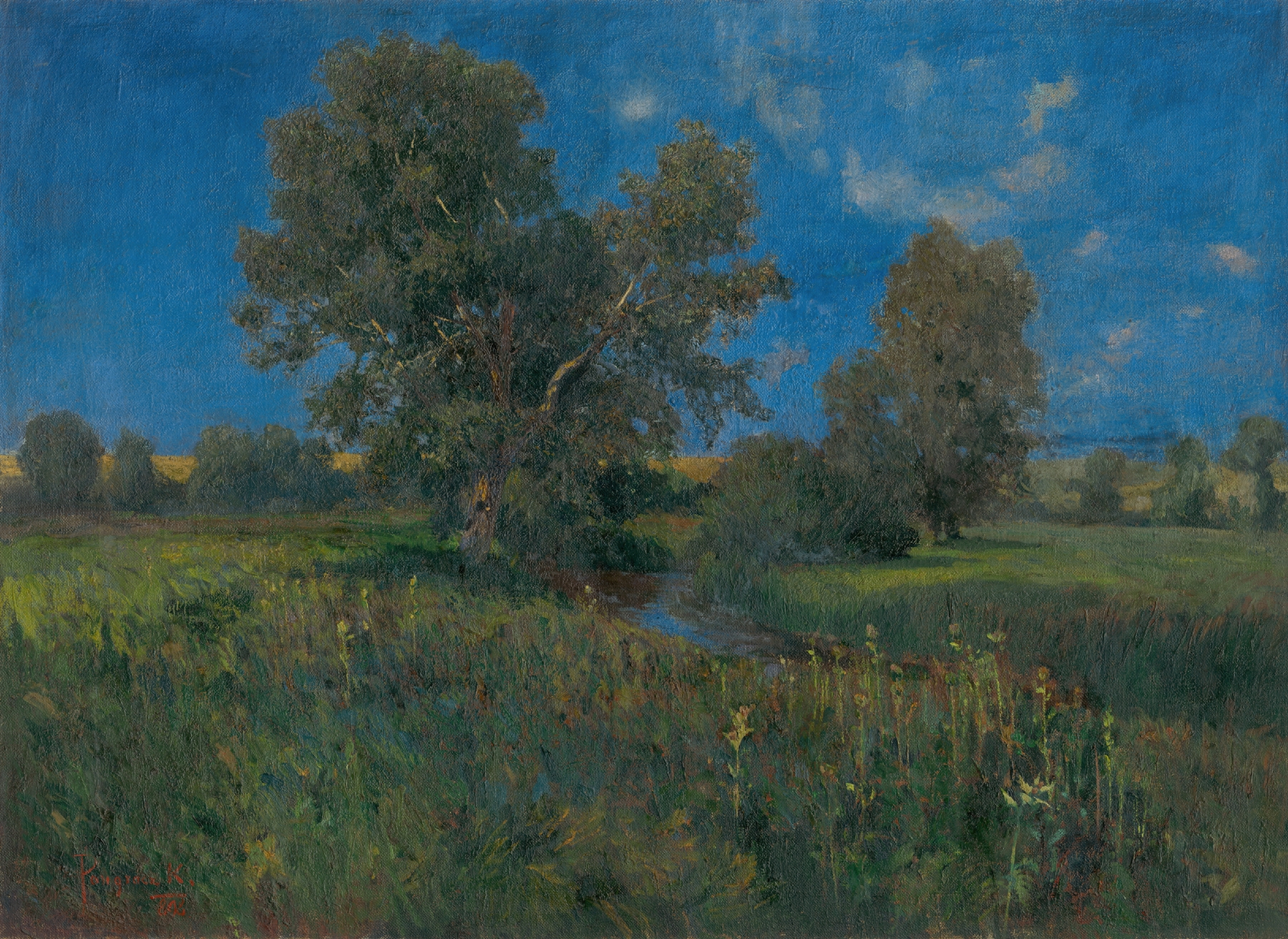 Post-Impressionism landscape by Karol Pongrácz, featuring rolling hills and a blue sky.