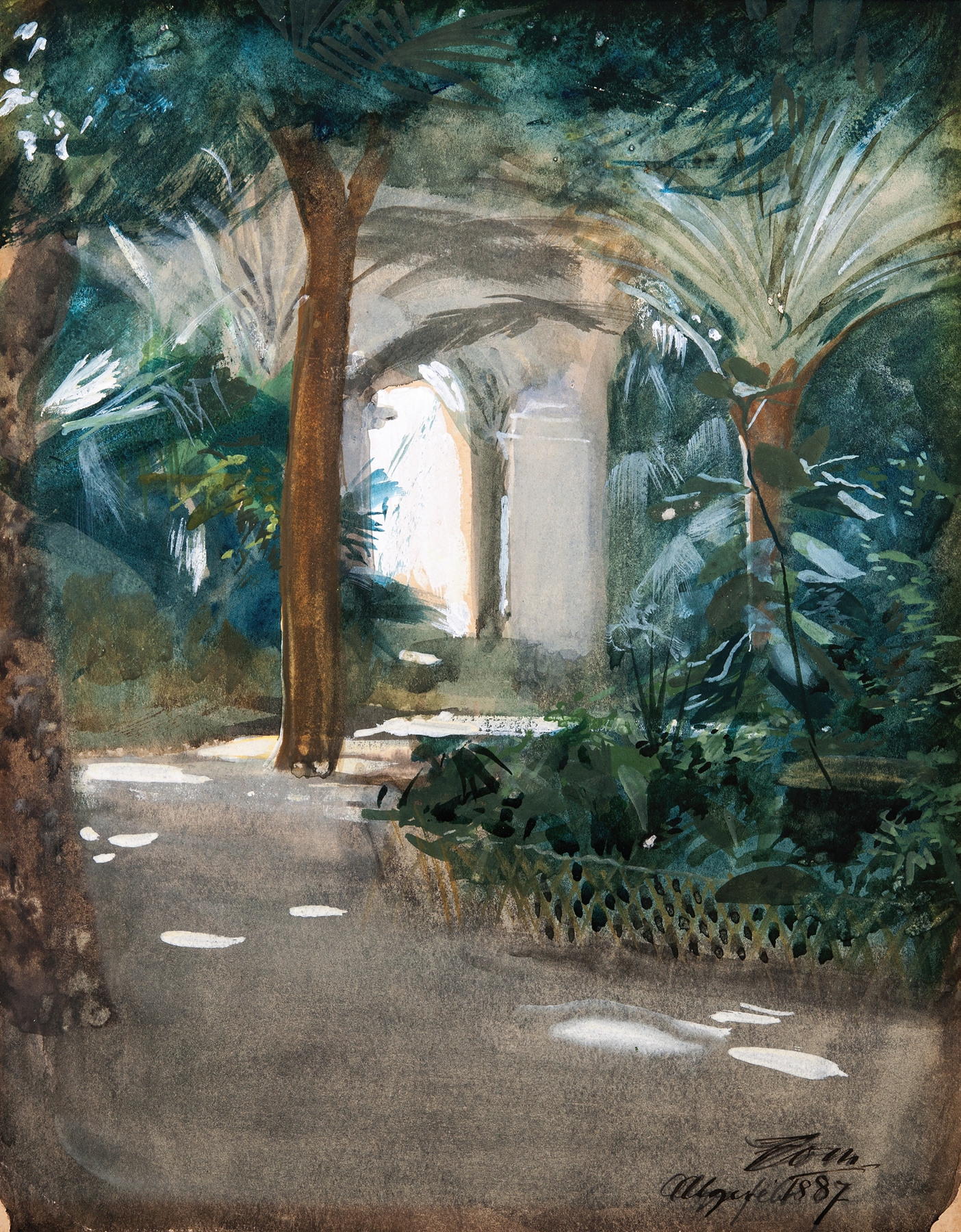 Oil painting by Anders Zorn of a woman seated in a garden with flowers
