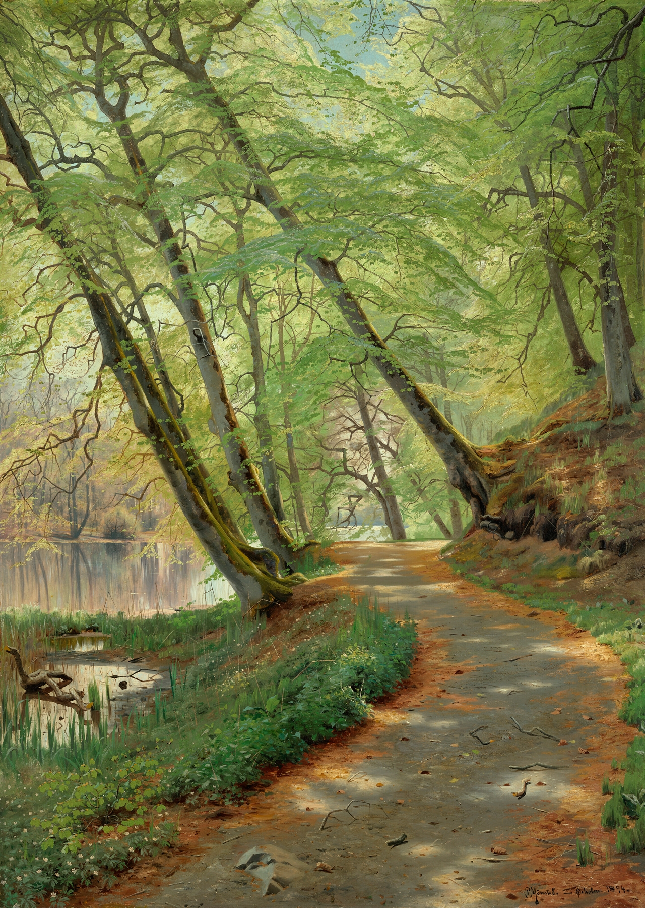Wooded path by a river, oil painting by Peder Mørk Mønsted
