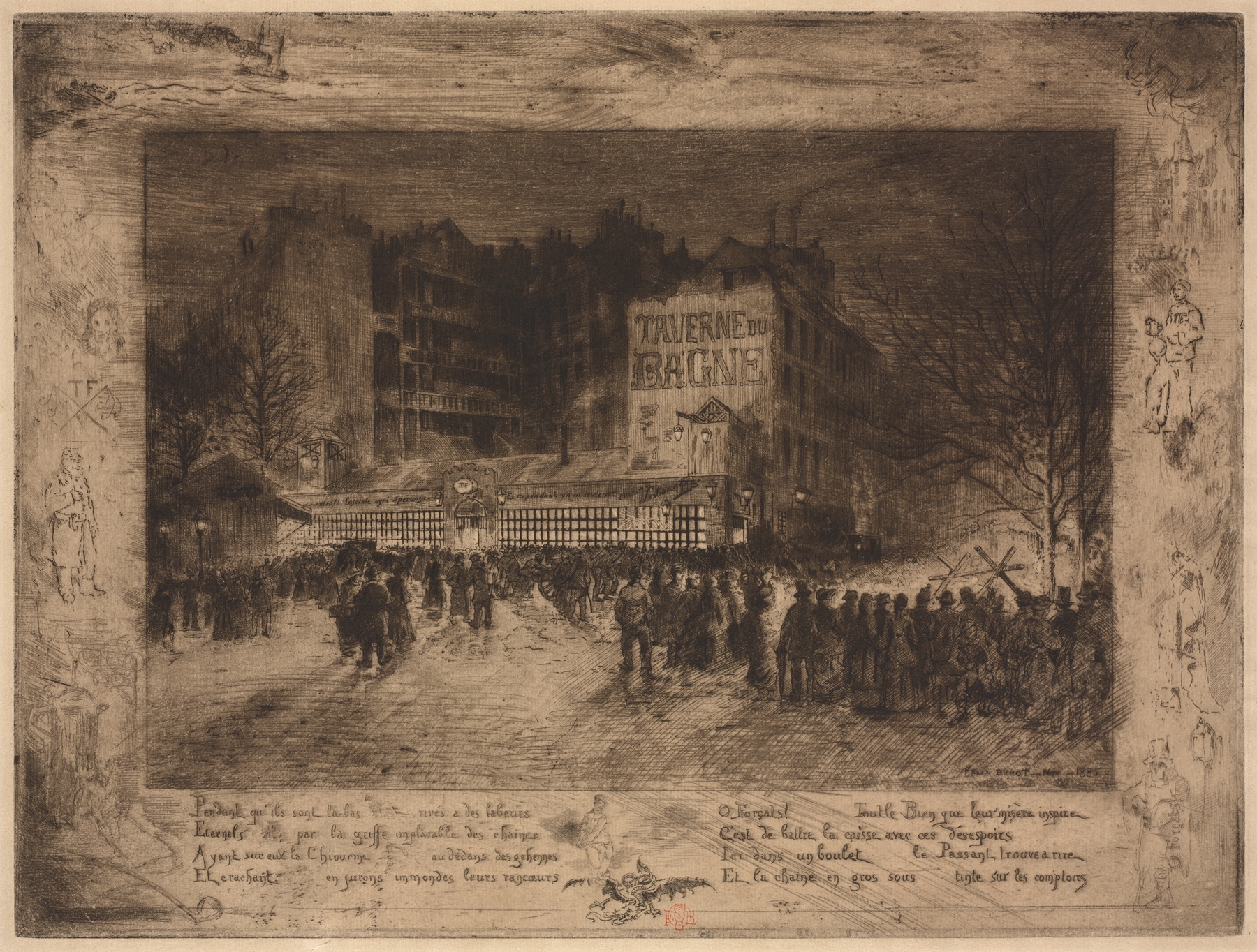 La Place des Martyrs et la Taverne du Bagne by Félix Hilaire Buhot, oil painting depicting a lively street scene.