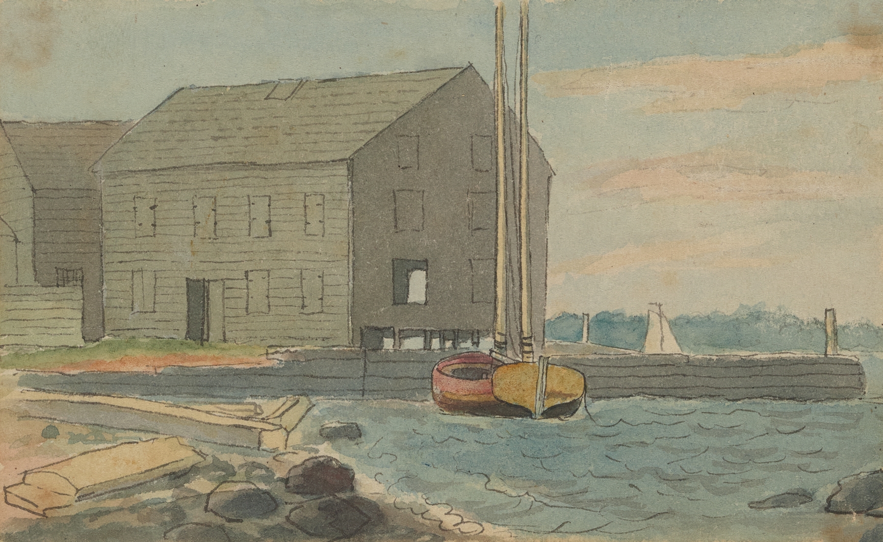 Harbor scene with small sailboat and gray building, oil on canvas by Alexander Anderson