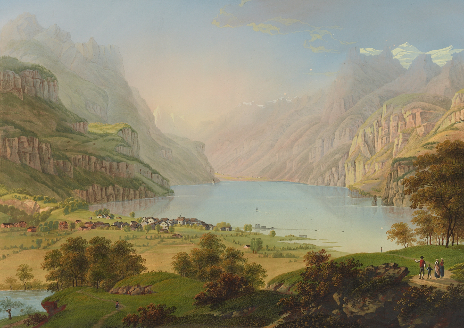 Serene lake with sunlight reflections by Johann Heinrich Bleuler the Younger, medium unknown.