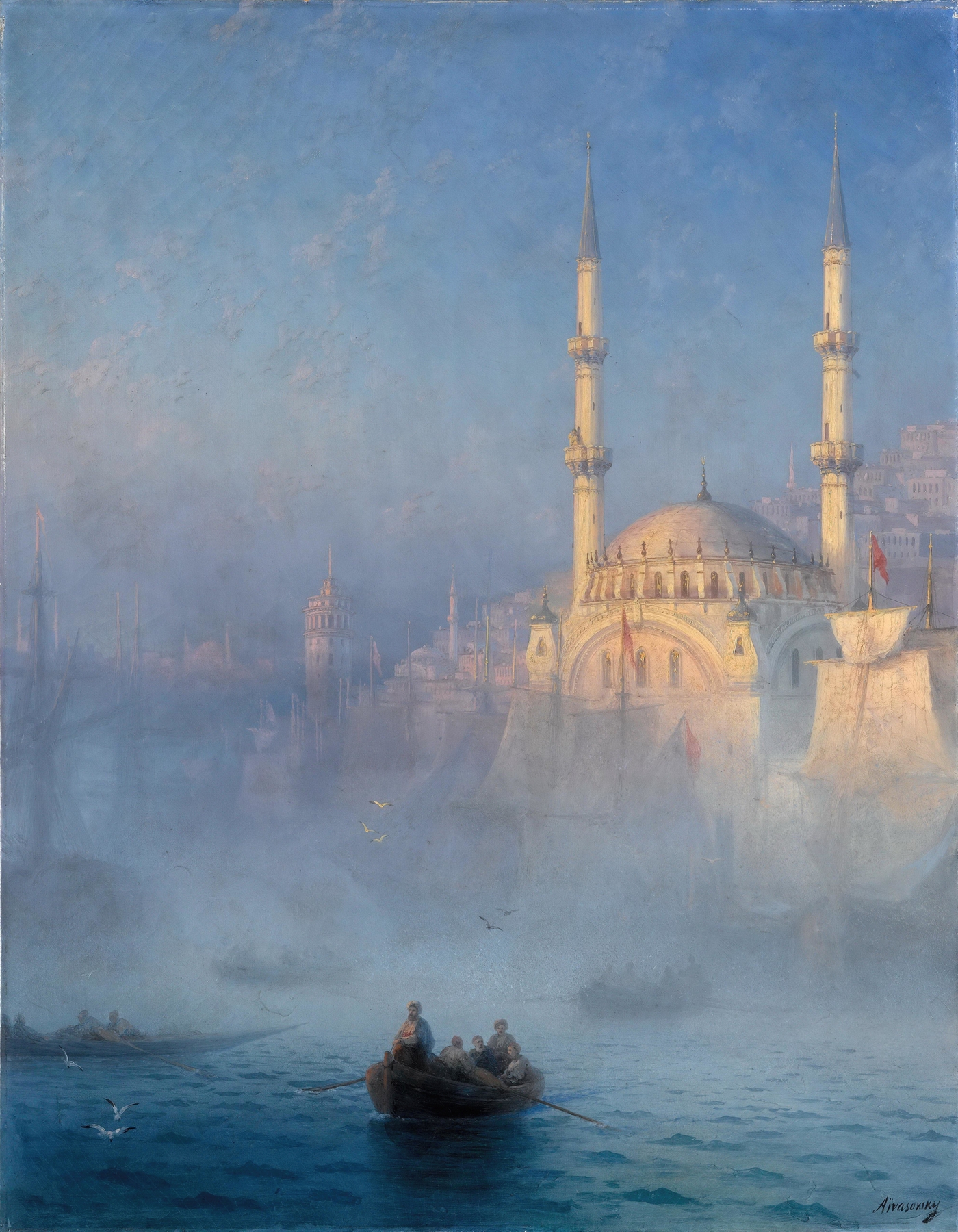 Landscape by Ivan Aivazovsky depicting Constantinople with minarets and twilight hues, oil painting.