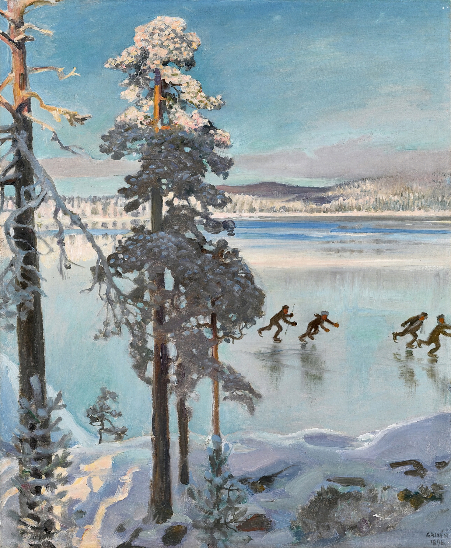 Skaters on Lake Ruovesi, by Akseli Gallen-Kallela, public domain