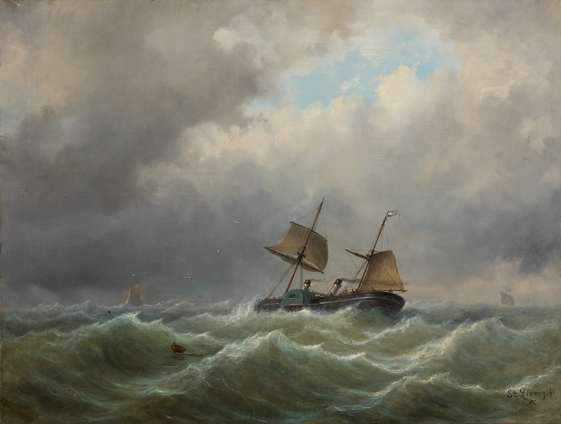 Marine scene with a steamboat on turbulent waters by Egide Linnig, oil painting