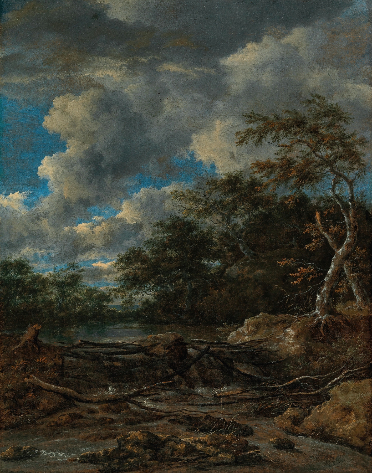 A wooded landscape with a waterfall, by Jacob van Ruisdael, public domain