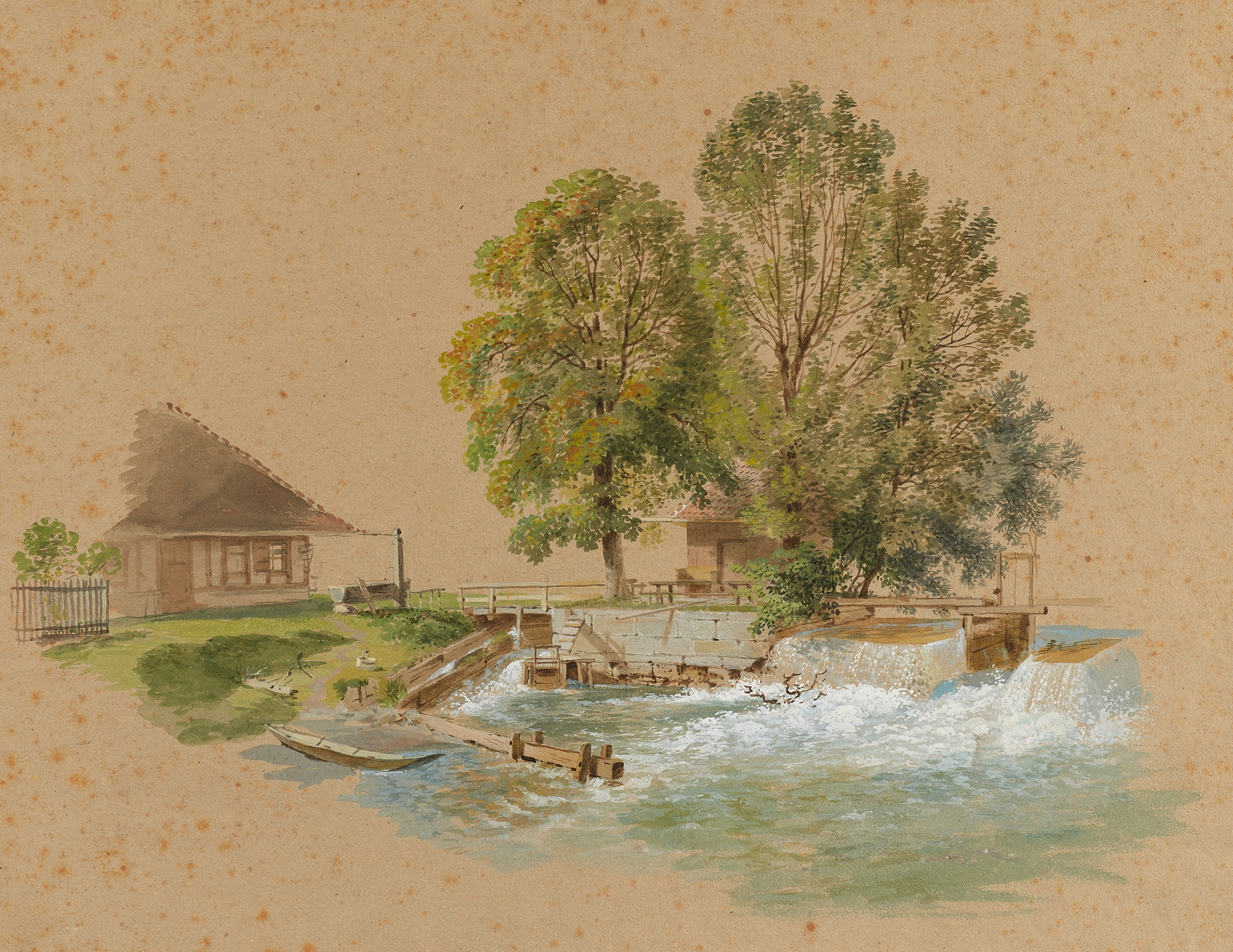 Oil on canvas by Franz Niklaus König depicting a sluice gate and river in Bern