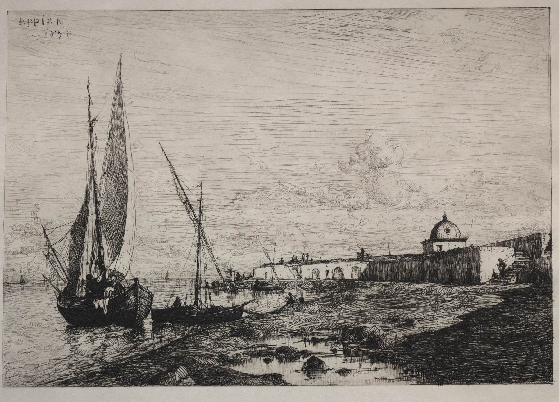 Oil on canvas by Adolphe Appian depicting a port with boats and water