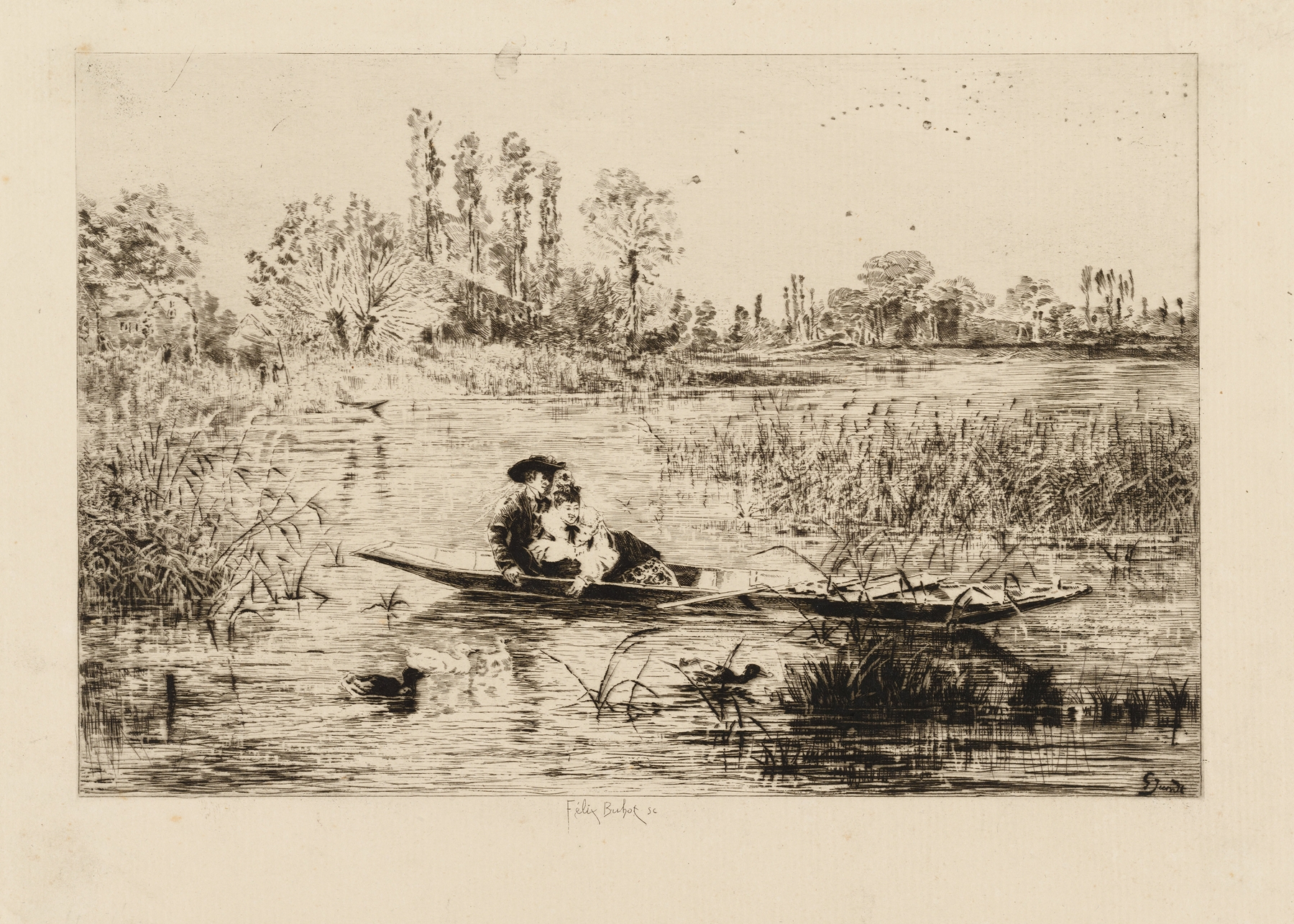 Marine scene with reflections on water, etching by Félix Hilaire Buhot, 1875