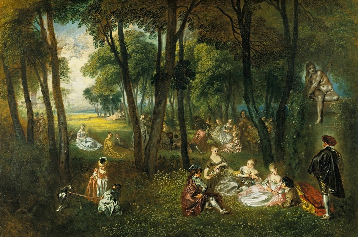 A lively gathering in a wooded landscape by Jean-Antoine Watteau.