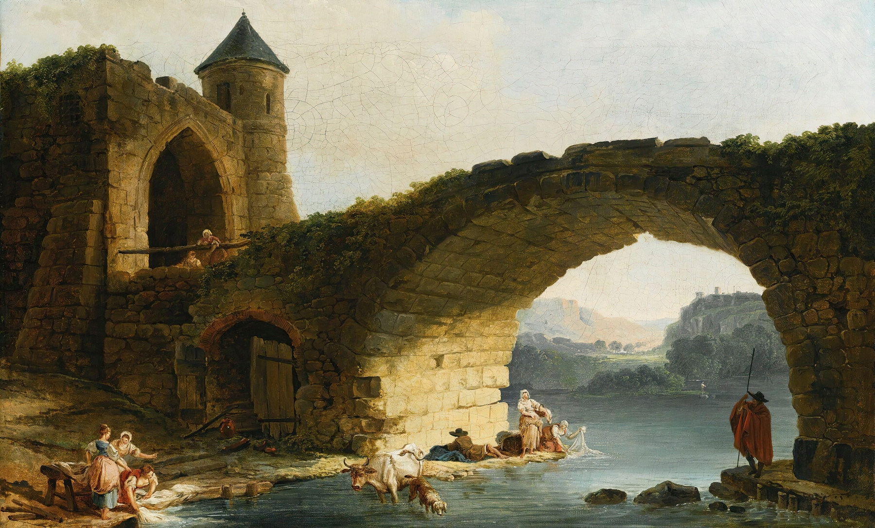 A Capriccio River Landscape With Washerwomen Near A Ruined Bridge, oil on canvas by Hubert Robert