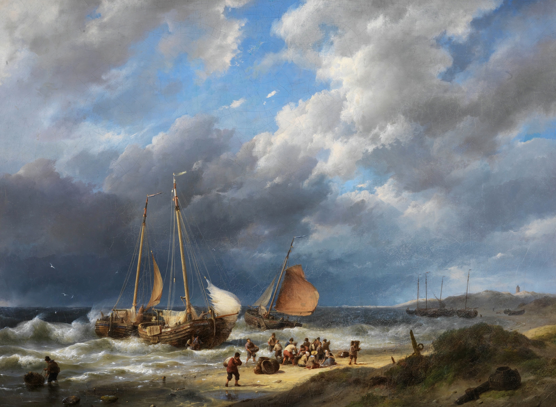 Fisherman holding a vibrant catch, oil painting by Hermanus Koekkoek the elder