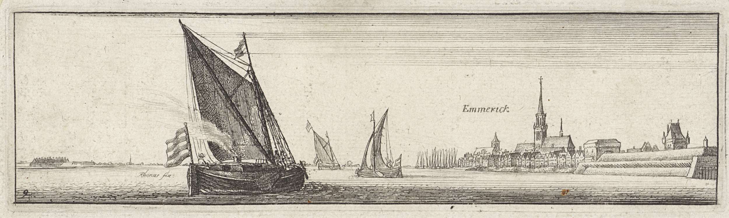 Rivierlandschap met gezicht op Emmerich, etching by Wenceslaus Hollar