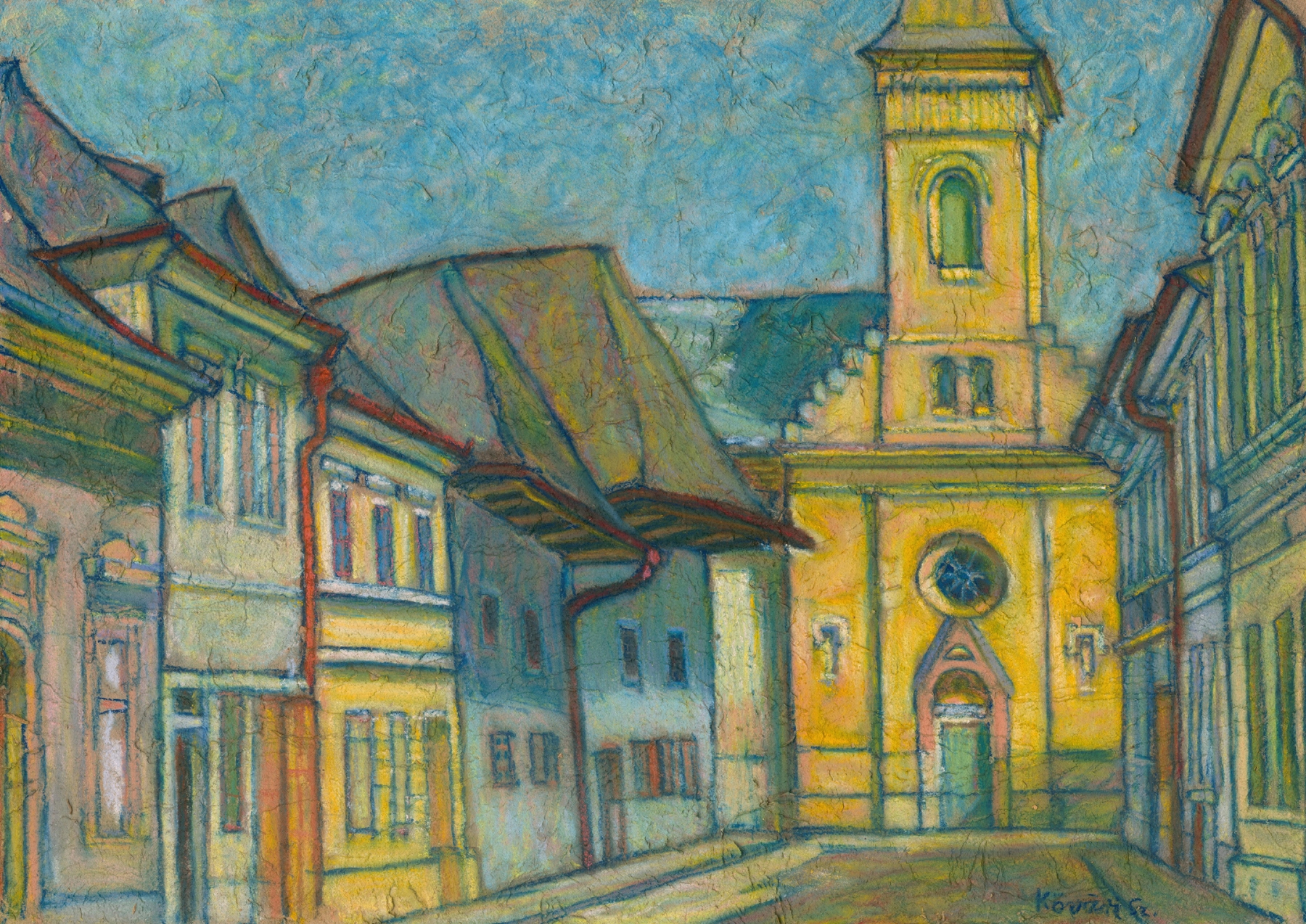 Figurative artwork by Konštantín Kövári-Kačmarik, depicting figures in darkness with light beams, oil painting