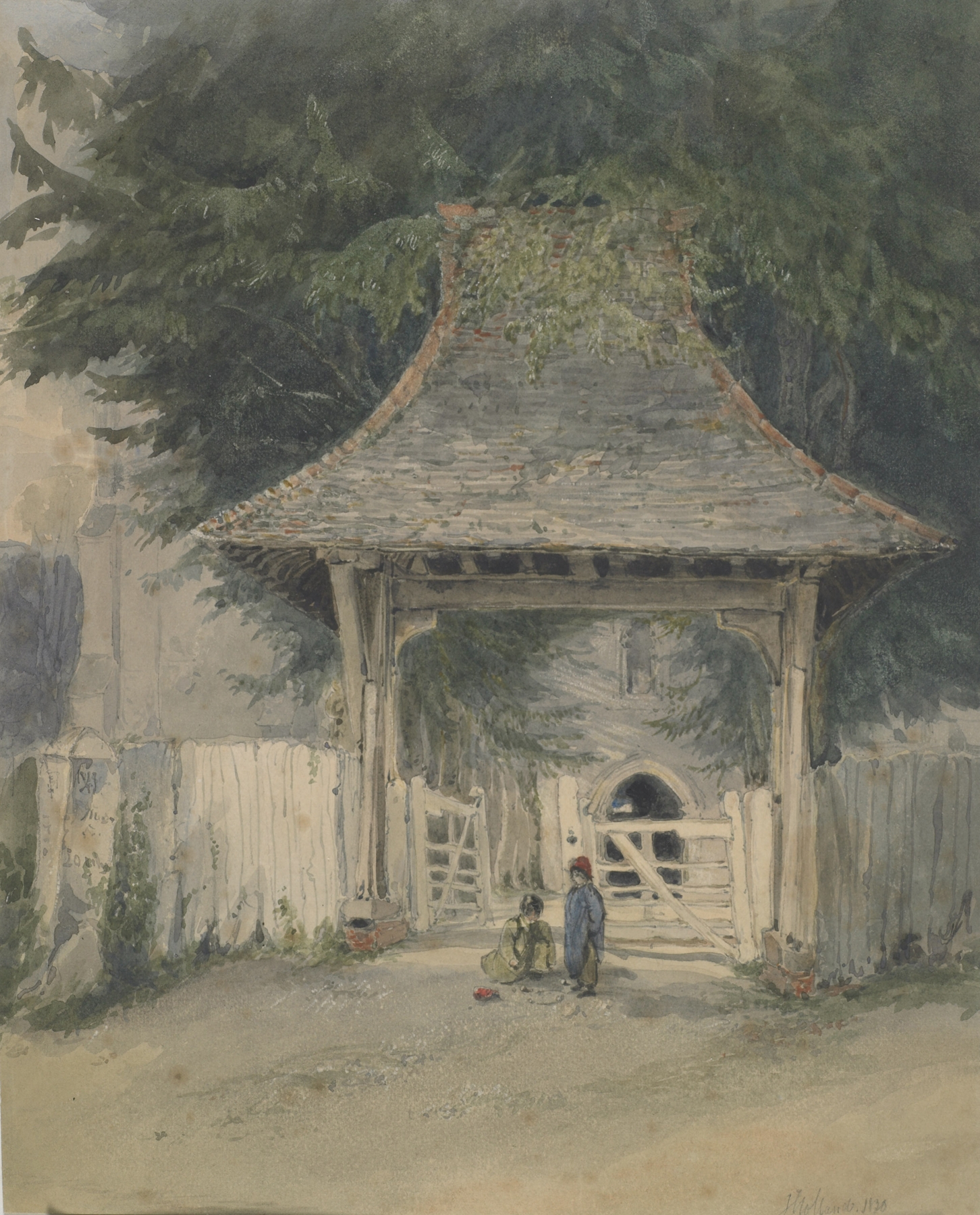 Porch, Peckenham Church, Kent by James Holland, oil on canvas depicting an archway and nature.