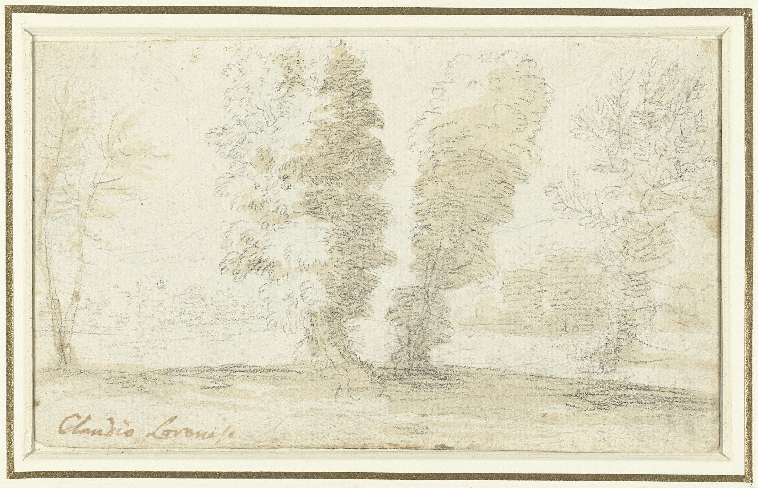 Landscape with tall trees and an open field by Claude Lorrain, oil painting