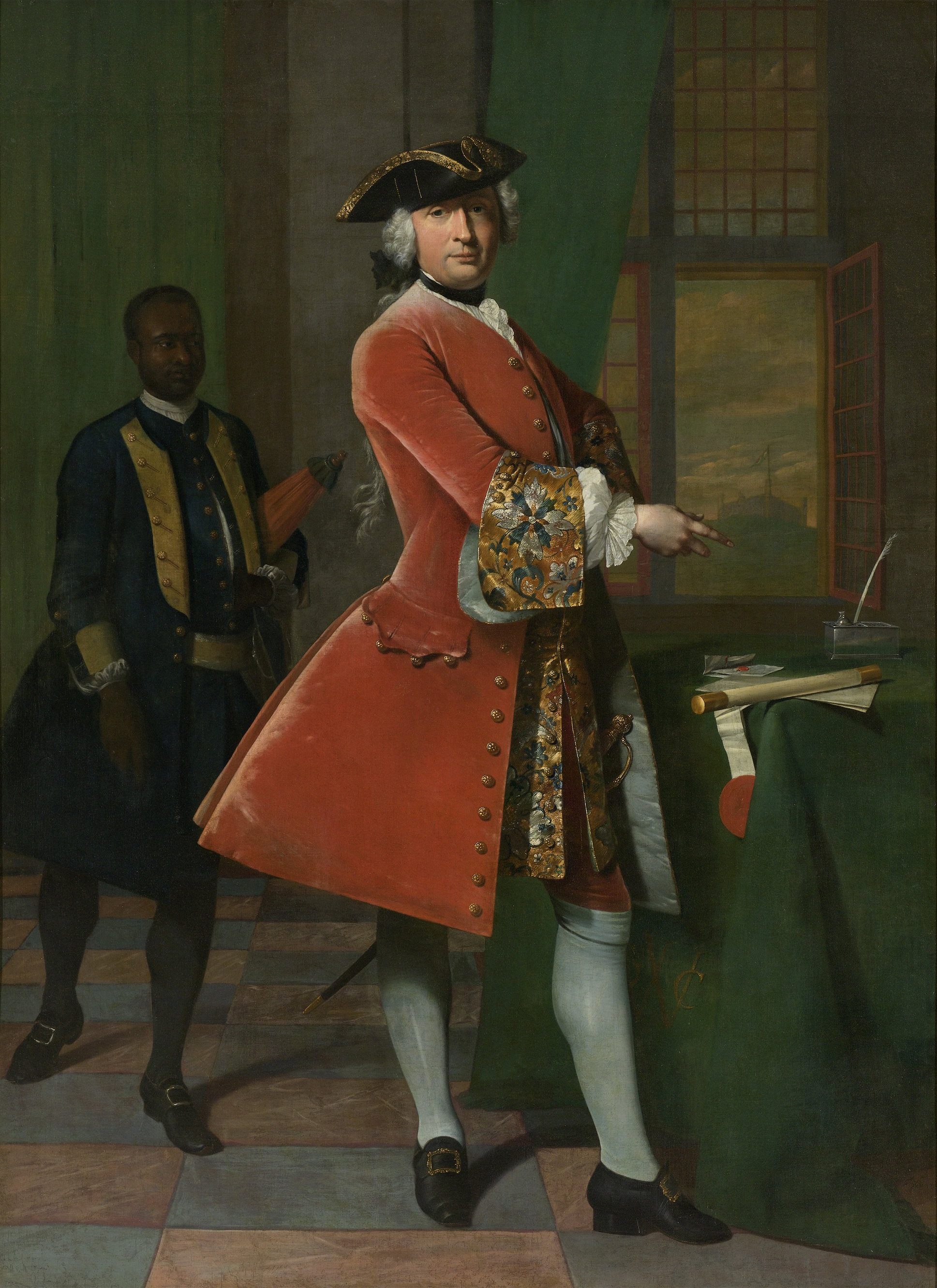 Portrait of Jan Pranger with an enslaved servant, oil on canvas by Frans van der Mijn