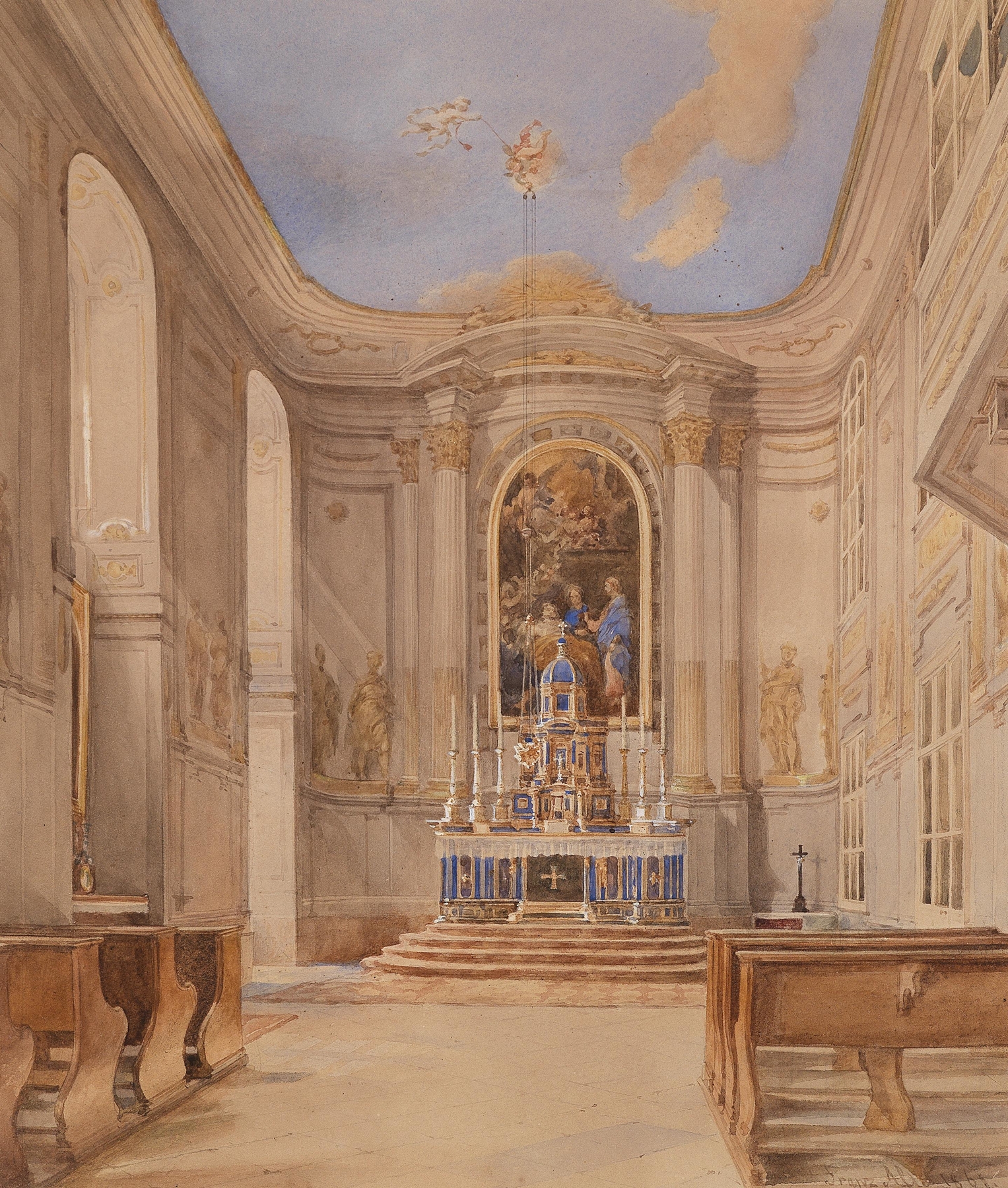 Interior of a church in oil on canvas by Franz Alt